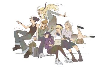 6+girls :d backpack bag black_hair black_skirt commentary computer drink english_commentary everyone full_body grassjellyg00d grin hair_bun hair_ribbon han_sooyoung hat head_rest highres holding holding_drink holding_laptop jang_hayoung jung_heewon knees_up laptop lee_seolhwa lying multiple_girls off-shoulder_shirt off_shoulder omniscient_reader's_viewpoint on_stomach open_mouth outstretched_legs pigeon-toed ribbon shirt short_hair sitting skirt smile stomach uriel_(omniscient_reader's_viewpoint) watch white_hair wrist_cuffs wristwatch yoo_sangah