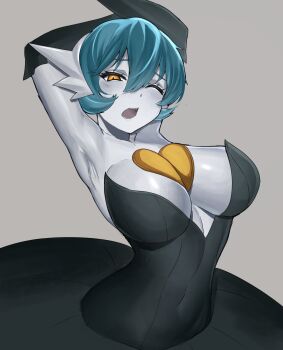 1girl absurdres alternate_color armpits arms_up black_dress black_gloves blue_hair bob_cut breasts commentary dress elbow_gloves english_commentary gardevoir gen_3_pokemon gloves grey_background hair_between_eyes heart highres humanization large_breasts leiden_yaegore looking_at_viewer mega_gardevoir mega_pokemon one_eye_closed open_mouth orange_eyes original shiny_pokemon short_hair simple_background solo stretching upper_body