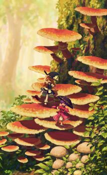 2girls absurdres alternate_size apron black_skirt black_vest blonde_hair bow bowl bowl_hat braid brown_shoes commentary english_commentary frilled_skirt frills hair_bow hat hat_bow highres japanese_clothes kimono kirisame_marisa long_hair mary_janes mini_person minigirl mixed-language_commentary multiple_girls mushroom obi open_mouth outdoors pink_kimono purple_hair red_bow red_eyes sandals sash shoes short_sleeves side_braid single_braid skirt smile socks sukuna_shinmyoumaru suteruko touhou very_long_hair vest waist_apron white_apron white_bow white_socks witch_hat yellow_eyes