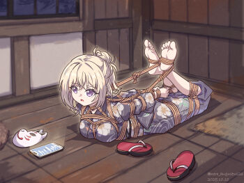 1girl absurdres bang_dream! bang_dream!_it&#039;s_mygo!!!!! barefoot bdsm blonde_hair bondage bound bound_arms breast_bondage breasts cellphone commentary_request crossed_ankles dated fox_mask highres hogtie indoors japanese_clothes kimono large_breasts lying mask misumi_uika nero_augustus official_alternate_costume on_stomach one_side_up partial_commentary phone ponytail purple_eyes sandals shibari short_ponytail smartphone soles solo twitter_username unworn_mask unworn_sandals window wooden_floor yukata zouri