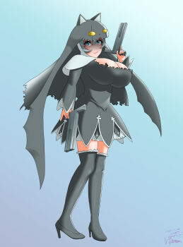 Rule 34 | absurdres, animal hat, breasts, cat hat, digimon, digimon (creature), dual wielding, gun, hat, highres, holding, nail polish, nun, pixiv user (14457527), sistermon noir, sistermon noir (awaken), weapon