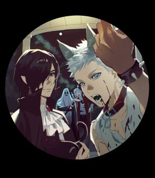 4boys absurdres animal animal_ear_fluff animal_ears arm_up ascot bandages belt_buckle belt_collar black_background black_cape black_gloves black_hair blood blood_on_clothes blood_on_face blue_ascot blue_eyes bracelet brothers buckle cape cat closed_mouth coat collar collarbone commentary dante_(devil_may_cry) devil_may_cry_(series) devil_may_cry_5 dual_persona elbow_on_another&#039;s_shoulder fangs father_and_son gem ghost_costume gloves halloween halloween_costume highres holding holding_animal holding_cat holding_sword holding_weapon jewelry katana klm066052 long_sleeves looking_at_viewer male_focus multiple_boys mummy mystical_high_collar nero_(devil_may_cry) open_clothes open_coat open_mouth parted_bangs pointy_ears popped_collar pov_peephole red_coat red_gemstone short_hair siblings smile spiked_bracelet spikes sword teeth torn_clothes twins uncle_and_nephew v_(devil_may_cry) vampire vergil_(devil_may_cry) weapon werewolf wolf_ears yamato_(sword)