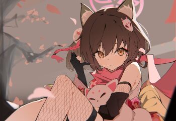 1girl absurdres animal_ear_fluff animal_ears black_gloves blue_archive brown_hair commentary_request eyeshadow fishnet_thighhighs fishnets fox_ears fox_girl fox_hair_ornament gloves hair_ornament halo highres izuna_(blue_archive) looking_at_viewer makeup mi_kan_(1101515378) petals pink_eyeshadow pink_halo pink_scarf scarf short_hair solo thighhighs yellow_eyes