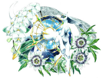 animal_focus arceus colored_sclera commentary_request flower flower_request full_body gaku_poopo gen_4_pokemon green_sclera highres legendary_pokemon looking_at_viewer mythical_pokemon nintendo no_humans painting_(medium) pokemon pokemon_(creature) red_eyes simple_background solo traditional_media watercolor_(medium) white_background white_flower