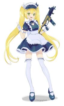 apron black_dress black_footwear black_hat blonde_hair darkgreyclouds dokibird dokibird_(retro_doki) dress full_body gloves green_eyes gun hat holding holding_gun holding_weapon indie_virtual_youtuber long_hair maid maid_apron maid_headdress mary_janes open_mouth shadow shoes signature simple_background smile standing submachine_gun thighhighs twintails v very_long_hair virtual_youtuber weapon white_background white_gloves white_thighhighs