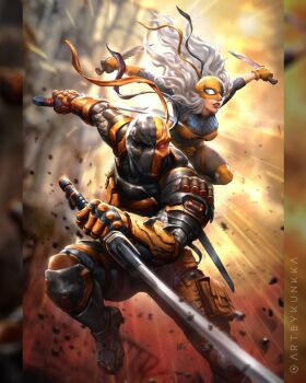 1boy 1girl ammunition armor black_mask blurry blurry_background comic_cover commentary dc_comics deathstroke dual_wielding english_commentary eyepatch father_and_daughter floating_hair highres holding holding_knife holding_sword holding_weapon knee_pads knife kunkka long_hair multicolored_mask muscular muscular_male official_art orange_armor orange_mask parted_lips ravager_(dc) rose_wilson shotgun_shell superhero_costume sword twitter_username two-tone_mask weapon white_hair