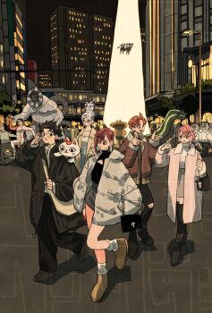 3girls 6+boys abduction acrobatic_silky_(dandadan) adjusting_eyewear alien alternate_costume animal ayase_momo ayase_seiko bag black_hair black_pants black_shirt breasts brown_eyes brown_hair brown_jacket building cat cigarette cleavage cleavage_cutout clothing_cutout coat collarbone collared_shirt commentary_request cow dandadan earrings enjoji_jin flatwoods_monster_(dandadan) full_body glasses grandmother_and_granddaughter highres jacket jewelry lamppost long_hair long_sleeves looking_at_another mature_female miniskirt mouth_hold mr._mantis_shrimp multiple_boys multiple_girls nessie_(dandadan) night on_shoulder one_eye_closed open_clothes open_coat open_jacket open_mouth orange_hair outdoors pants pink_coat pink_hair pointing round_eyewear running serpo_(dandadan) shiratori_aira_(dandadan) shirt short_hair shoulder_bag skirt sky socks standing sweater takakura_ken_(dandadan) takeuchi_ryousuke taro_(dandadan) torn_clothes torn_pants tractor_beam turbo_granny_(dandadan) turtleneck turtleneck_sweater walking white_hair white_shirt white_socks