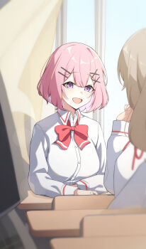 Rule 34 | 3girls, absurdres, amaori renako, ashigaya high school uniform, bow, bowtie, breasts, brown hair, classroom, collared shirt, commentary request, curtains, dress shirt, hair ornament, hairclip, highres, indoors, large breasts, long sleeves, medium hair, multiple girls, ouzuka mai, parallel hairclips, pink hair, purple eyes, red bow, red bowtie, retyutyu tyu, school uniform, sena ajisai, shirt, solo focus, watashi ga koibito ni nareru wake naijan murimuri!, white shirt, window, x hair ornament