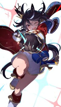 1girl absurdres animal_ears black_hair blue_cape blush bow cape commentary_request crown ear_through_crown fur-trimmed_cape fur_trim highres holding holding_microphone horse_ears horse_girl horse_tail jacket kitasan_black_(final_bloom)_(umamusume) kitasan_black_(umamusume) looking_at_viewer microphone mini_crown multicolored_hair one_eye_closed open_mouth red_cape red_eyes red_jacket short_hair simple_background smile solo standing standing_on_one_leg streaked_hair tail thighs two-tone_cape umamusume waist_bow white_background white_footwear white_hair yakousei_a