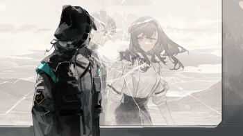 1boy 1girl arknights black_coat black_hairband black_skirt broken_glass brown_hair coat doctor_(arknights) flashback glass hairband highres hood hooded_coat id_card jacket krab_(fumekrab) long_hair looking_to_the_side priestess_(arknights) purple_eyes reflection shirt skirt smile white_jacket white_shirt window