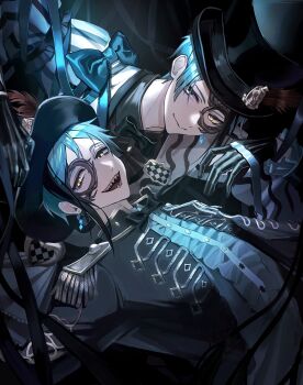 2boys :d absurdres arm_bow bad_id bad_twitter_id black_background black_bow black_bowtie black_coat black_gloves black_hair black_hat black_ribbon blue_bow blue_hair blue_shirt bow bowtie brothers center_frills closed_mouth coat demot_(twst_dm) earrings epaulettes floyd_leech floyd_leech_(playful_attire) frills gloves hat hat_feather highres inactive_account jade_leech jade_leech_(playful_attire) jewelry long_sleeves looking_at_viewer male_focus multicolored_hair multiple_boys open_clothes open_coat open_mouth ribbon sharp_teeth shirt short_hair siblings simple_background single_earring single_sidelock smile streaked_hair striped_coat teeth top_hat traditional_bowtie twins twisted_wonderland white_coat yellow_eyes