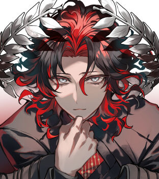 1boy chest_belt crown curly_hair dante_alighieri_(fate) dante_alighieri_(third_ascension)_(fate) fate/grand_order fate_(series) feather_nib_pen floating_crown grey_eyes highres laurel_crown male_focus multicolored_hair poppoman solo torn_clothes torn_coat two-tone_hair