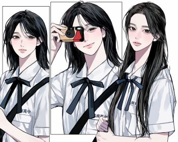 2girls aegyo_sal asian black_bag black_eyes black_hair blue_bow bow bowtie camera collared_shirt commentary_request crossbody_bag fingernails haewon_(nmixx) highres holding holding_camera implied_yuri k-pop lee_q_p lips long_hair looking_at_viewer medium_hair mixed-language_commentary multiple_girls nmixx real_life shirt short_sleeves simple_background smile sullyoon_(nmixx) upper_body white_background white_shirt