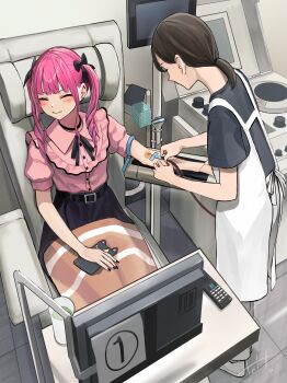 2girls absurdres apron armrest belt black_belt black_choker black_hair black_nails black_ribbon black_shirt black_skirt black_trim blanket blood_donation blunt_bangs blush buttons cellphone choker clenched_hand closed_eyes closed_mouth commentary_request controller cup ear_piercing earrings frilled_shirt frills hair_ribbon highres hinamizawa_hinami_(tetto) holding holding_phone indoors intravenous_drip jewelry jirai_kei leather_belt legs_together long_hair monitor multiple_girls nail_polish neck_ribbon nurse on_lap original outstretched_arm pants parted_bangs phone phone_with_ears piercing pink_hair pink_shirt ponytail puffy_short_sleeves puffy_sleeves remote_control ribbon scared shirt shirt_tucked_in shoes short_sleeves sidelocks sitting skirt smartphone swept_bangs television tetto_(onnoveltet) tube twintails white_apron white_footwear white_pants wide_sleeves