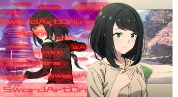 1girl absurdres alternate_universe arm_armor bare_shoulders belt belt_pouch black_hair blue_sky body_armor branch brown_shirt building chain-link_fence cherry_blossoms clenched_hand english_text faceless faceless_female facing_away facing_to_the_side fantasy fence floating_building grass green_eyes hand_on_own_chest highres holding holding_sword holding_weapon indoors jewelry koharu_(sao) long_sleeves looking_to_the_side necklace night official_alternate_costume open_mouth outdoors outstretched_arms path pouch road shirt sign sky sword sword_art_online sword_art_online:_integral_factor tree user_nrjv7274 virtual_reality warning_sign weapon