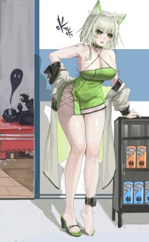 1boy 2girls absurdres animal_ears arknights breasts cat_ears cat_girl choker cleavage condom condom_wrapper doctor_(arknights) dress full_body highres implied_after_sex jacket kal&#039;tsit_(arknights) male_doctor_(arknights) multiple_girls priestess_(arknights) voyeurism yu_ruo