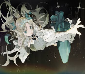 Rule 34 | 1girl, blonde hair, blue eyes, curled horns, ereshkigal (fate), fate/grand order, fate (series), gloves, hair ribbon, highres, horns, long hair, midair, open mouth, pantyhose, ribbon, smile, solo, space ereshkigal (fate), two side up, yaruyan