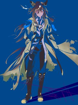 absurdres animal_ears black_boots blue_background blue_pants boots brown_coat brown_hair coat collared_shirt commentary_request double-parted_bangs dress_shirt ear_covers echoo full_body goggles goggles_around_neck gradient_eyes hair_between_eyes hands_up highres horse_ears horse_girl knee_boots limited_palette long_hair long_sleeves multicolored_eyes multicolored_hair open_clothes open_coat pants purple_eyes shadow shirt sidelocks signature simple_background standing stay_gold_(sunlit_outsider)_(umamusume) stay_gold_(umamusume) streaked_hair umamusume white_hair white_shirt yellow_eyes