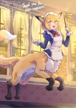 1girl :d animal_ears apron blue_dress borrowed_character bow bowtie breasts centauroid claws commentary_request commission dress duster fang floating fox_ears fox_girl fox_tail frilled_apron frills full_body gloves gosu_mei_(sakifox) hair_between_eyes highres holding holding_duster indoors jumping long_sleeves looking_at_viewer maid maid_apron maid_headdress medium_hair monster_girl monsterification nekotsuki_noko open_mouth orange_eyes orange_hair original puffy_long_sleeves puffy_sleeves red_bow red_bowtie sanpaku shadow short_dress sidelocks signature skeb_commission small_breasts smile solo tail taur teeth upper_teeth_only variant_set watermark white_apron white_gloves window