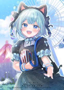 1girl :d animal_ears bag black_dress blue_eyes blue_hair blue_sky braid bucket cloud cloudy_sky commentary_request commission copyright_request day dress fake_animal_ears ferris_wheel food frilled_sleeves frills highres holding holding_bucket ittokyu looking_at_viewer open_mouth outdoors popcorn puffy_short_sleeves puffy_sleeves short_sleeves shoulder_bag sky smile solo tent twin_braids virtual_youtuber watermark