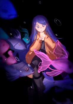 1girl absurdres black_background black_boots black_pants black_shirt blue_eyes blue_hair boots bubble coat commentary drink drinking_straw drinking_straw_in_mouth english_commentary fish guantanima_ii_(shadches72) highres holding holding_drink long_hair long_sleeves looking_at_viewer original pants shadches72 shirt solo yellow_coat