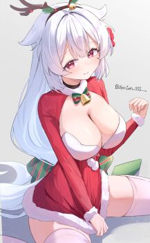 1girl absurdres breasts christmas cleavage closed_mouth commentary_request covering_crotch covering_privates dress embarrassed fake_antlers fuyuka_(stella_sora) highres large_breasts long_hair looking_at_viewer lryutanl pink_eyes pink_thighhighs red_dress santa_costume santa_dress solo stella_sora thighhighs twitter_username very_long_hair white_hair