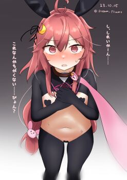 1girl @_@ absurdres ahoge alternate_costume animal_ears belt_collar black_bodysuit black_bow black_hiphighs black_sailor_collar black_shrug blush bodysuit bow brown_collar collar commentary_request dated detached_collar double-parted_bangs embarrassed fake_animal_ears feet_out_of_frame flat_chest gradient_background hair_between_eyes hair_ornament haruno_plum heart_lock_(kantai_collection) heart_maebari heart_pasties highres hiphighs kantai_collection leash long_hair looking_at_viewer maebari navel neck_ribbon one-hour_drawing_challenge open_mouth pasties pink_hair rabbit_ears rabbit_hair_ornament red_eyes red_ribbon reverse_bunnysuit reverse_outfit ribbon sailor_collar shrug_(clothing) sidelocks solo standing stomach sweat translation_request twitter_username uzuki_(kancolle) very_long_hair viewer_holding_leash