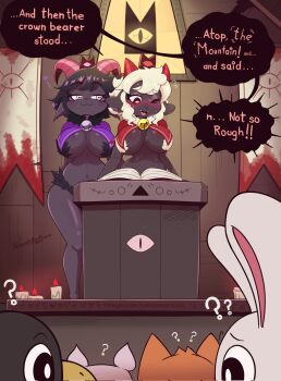 2girls 4others :3 animal_ears bell black_hair black_skin blush book breasts capelet colored_skin cult_of_the_lamb english_text fangs furry furry_female genderswap genderswap_(otf) goat_ears goat_girl goat_horns highres horizontal_pupils horns implied_yuri jasminthemanticore large_breasts multiple_girls multiple_others navel neck_bell nose_blush one_eye_closed open_book open_mouth paid_reward_available purple_capelet red_capelet red_eyes sheep_ears sheep_girl sheep_horns short_hair speech_bubble the_goat_(cult_of_the_lamb) the_lamb_(cult_of_the_lamb) white_eyes white_hair