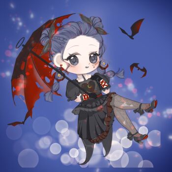 Rule 34 | 1girl, ankle bow, ankle ribbon, bat (animal), black bow, black shirt, black shoes, black skirt, black umbrella, blue background, blue eyes, blue hair, blue tongue, blunt ends, bow, braid, chibi, chinese commentary, coattails, collar, colored tongue, commentary request, crescent print, cross-laced clothes, cross-laced pantyhose, cross-laced top, crossed legs, detached collar, double bun, dream-like night (infinity nikki), earrings, eyelashes, facial tattoo, floating, forehead, frilled shirt, frilled skirt, frilled sleeves, frills, grey pantyhose, hair bow, hair bun, halloween, hand on own chest, happy, heart, heart earrings, heart print, high heels, highres, holding, holding umbrella, hoop earrings, infinity nikki, jewelry, light blush, light particles, long hair, medium skirt, nikki (series), open mouth, pantyhose, pleated skirt, print shirt, procreate (medium), puffy short sleeves, puffy sleeves, pumps, qingmuxianye, red umbrella, ribbon, shirt, shoes, short sleeves, skirt, smile, solo, tattoo, teardrop tattoo, torn umbrella, twin braids, two-tone umbrella, umbrella, umbrella over shoulder, white collar