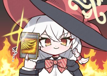 Rule 34 | 1girl, advent card, black coat, black shirt, blue archive, bow, bowtie, braid, braided sidelock, card, chibi, coat, collared shirt, commentary request, eri (blue archive), fiery background, fire, hair between eyes, halo, hat, highres, holding, holding card, hood, hooded coat, jewelry, kamen rider, kamen rider ryuki (series), long hair, long sleeves, looking at viewer, maruichi, multicolored hair, open clothes, open coat, orange eyes, orange halo, red bow, red bowtie, ring, school uniform, shirt, sidelocks, single braid, smile, solo, streaked hair, striped bow, striped bowtie, striped clothes, translation request, turtleneck, turtleneck shirt, two-tone hair, white hair, white shirt, witch hat