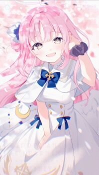 Rule 34 | 1girl, angel wings, blue archive, blue bow, blurry, blurry background, blurry foreground, bow, breasts, brown eyes, capelet, cherry blossoms, commentary request, crescent, dress, feathered wings, flower, gold trim, hair bun, hair flower, hair intakes, hair ornament, halo, hand up, highres, holding, holding leaf, leaf, long hair, looking at viewer, low wings, medium breasts, mika (blue archive), pink hair, purple flower, segawa luna, single hair bun, single side bun, smile, solo, very long hair, watermark, white capelet, white dress, white wings, wing ornament, wings