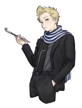 1boy axis_powers_hetalia belt between_fingers black_belt black_jacket black_necktie black_pants blonde_hair breast_pocket buttons closed_mouth commentary_request cowboy_shot formal_clothes green_eyes grey_shirt half-closed_eyes hand_in_pocket hand_up highres holding holding_smoking_pipe jacket lapels long_sleeves looking_at_viewer male_focus mi_aph_to necktie netherlands_(hetalia) open_clothes open_jacket pants pocket scar scarf shirt short_hair simple_background smoking_pipe solo standing striped_clothes striped_scarf suit suit_jacket tie_clip white_background white_scarf