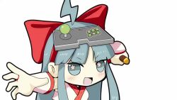 1girl ainu_clothes animated arcade_stick breasts controller fingerless_gloves game_controller gloves grey_eyes grey_hair hair_ribbon japanese_text joystick long_hair looking_at_viewer medium_breasts nakoruru open_mouth outstretched_arm ribbon samurai_spirits smile snk solo sound tagme the_king_of_fighters the_king_of_fighters_xv tongue victory_pose video weapon