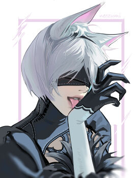 1girl 2b_(nier:automata) animal_ear_fluff animal_ears black_hairband blindfold border cat_ears clothing_cutout covered_eyes feather-trimmed_sleeves feather_trim hairband hand_up licking licking_hand neozumi nier:automata nier_(series) outside_border pink_border portrait short_hair signature solo white_background white_hair