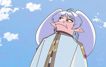 capelet closed_mouth earrings elf floating_earrings frieren green_eyes grey_hair jewelry long_hair long_pointy_ears looking_down meme parody pathetic_(meme) pointy_ears ryou_sakai shaded_face sky solo sousou_no_frieren style_parody teardrop_earrings the_simpsons twintails upward_angle_frieren_drawing_(meme) white_capelet white_hair