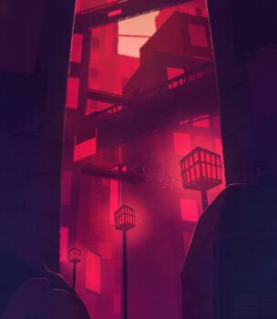 Rule 34 | 8osakana san8, alley, bridge, building, city, cityscape, commentary, highres, in-universe location, lamppost, no humans, oneshot (game), painterly, purple theme, road, scenery, street, untranslatable commentary