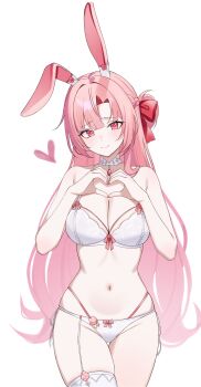 1girl absurdres animal_ears bare_arms bare_shoulders bow bra braid breasts choker cleavage closed_mouth commission cowboy_shot garter_straps gradient_hair hair_bow heart heart_hands highres large_breasts lingerie long_hair looking_at_viewer multi-strapped_panties multicolored_hair navel one_side_up original panties parted_bangs pink_hair pink_ribbon rabbit_ears red_eyes ribbon side-tie_panties simple_background single_garter_strap single_thighhigh skindentation smile solo spaghetti_strap standing stomach string_panties thigh_gap thighhighs thighs underwear underwear_only very_long_hair white_background white_bra white_choker white_panties white_thighhighs ysoa26