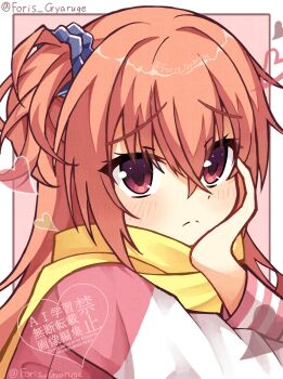 Rule 34 | 1girl, adversarial noise, blue scrunchie, blush, border, closed mouth, commentary request, eyelashes, eyes visible through hair, fo ris, frown, furrowed brow, hair between eyes, hair ornament, hair scrunchie, hand on own cheek, hand on own face, hand up, heart, highres, inaba meguru, jacket, long hair, long sleeves, looking at viewer, one side up, orange hair, outside border, pink background, pink jacket, red eyes, sanoba witch, scarf, scrunchie, simple background, skirt, solo, split mouth, twitter username, upper body, watermark, white border, white skirt, yellow scarf