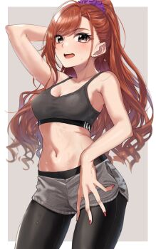 1girl absurdres arisugawa_natsuha bare_arms bare_shoulders black_eyes black_pants black_sports_bra blush breasts cleavage collarbone commentary_request crop_top earrings grey_background hair_ornament hair_scrunchie highres idolmaster idolmaster_shiny_colors jewelry kurokin large_breasts long_fingers long_hair looking_at_viewer midriff navel open_mouth pants red_hair scrunchie short_shorts shorts simple_background smile solo sports_bra sportswear teeth two-tone_background upper_teeth_only white_background