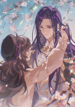 Rule 34 | 1boy, 1girl, absurdres, ascot, beret, black cape, black hair, black hat, blue eyes, branch, cape, cardigan, cherry blossoms, chinese commentary, clarence clayden, clarence clayden (godheim), closed mouth, collared shirt, curtained hair, day, eye contact, flower, glint, grey vest, hand in another's hair, hat, height difference, heroine (lovebrush chronicles), highres, long hair, long sleeves, looking at another, lovebrush chronicles, menglin393, mole, mole under eye, monocle, parted bangs, pink flower, purple hair, shirt, smile, tucking hair, upper body, vest, white ascot, white cardigan, white shirt