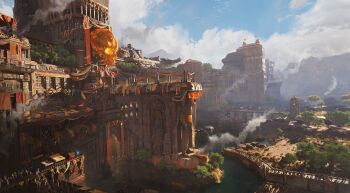 Rule 34 | absurdres, banner, blue sky, building, cliff, cloud, commentary, day, english commentary, felixriano, flock, highres, landscape, light rays, mountainous horizon, original, people, scenery, shore, skull, sky, smoke, stairs, statue, temple, tower, town, tree, water