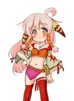 1girl closed_mouth cosplay feena_(grandia) feena_(grandia)_(cosplay) grandia grandia_i hair_ornament hair_tubes highres jewelry katamigase_mai long_hair looking_at_viewer low-tied_long_hair midriff navel necklace onii-chan_wa_oshimai! oyama_mahiro simple_background skirt smile solo thighhighs white_background wide_sleeves