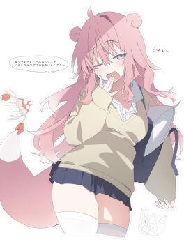 Rule 34 | 1girl, absurdres, ahoge, bag, black skirt, brown sweater, commentary request, crab, fang, gen 1 pokemon, grey eyes, gyaru, highres, krabby, miniskirt, nintendo, one eye closed, open bag, open mouth, personification, pillow, pink hair, pleated skirt, pokemon, pokemon (creature), pokemon tail, shin no tenpii, shoulder bag, skirt, slowpoke, solo, sweater, tail, thighhighs, translation request, white nails, white thighhighs, yawning, zettai ryouiki