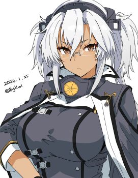1girl absurdres bigkwl breasts brown_eyes cape commentary_request dark-skinned_female dark_skin dated glasses grey_cape grey_hair grey_jacket hair_between_eyes headgear highres jacket kantai_collection large_breasts looking_at_viewer musashi_(kancolle) musashi_kai_ni_(kancolle) one-hour_drawing_challenge pointy_hair rectangular_eyewear semi-rimless_eyewear solo twintails twitter_username upper_body