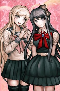 2girls belt black_thighhighs blonde_hair blue_eyes blue_hair bow braid cosplay costume_switch crown_braid danganronpa:_trigger_happy_havoc danganronpa_(series) danganronpa_2:_goodbye_despair dress hair_bow hair_ornament hairclip highres holding_hands komatsuzaki_rui long_hair maizono_sayaka multiple_girls official_art open_mouth puffy_sleeves school_uniform serafuku smile sonia_nevermind thighhighs third-party_source