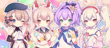 4girls :d :o ;q anchor_print animal_ears animal_hood ayanami_(azur_lane) azur_lane balloon bare_shoulders bear_hood beret black_ribbon blue_eyes blue_sailor_collar blush bodysuit bodysuit_under_clothes bow bracelet breasts buttons camisole commentary_request confetti crop_top cross cross_hair_ornament crown detached_hood elbow_gloves fake_animal_ears fang fur-trimmed_jacket fur_trim gloves green_eyes hair_between_eyes hair_bow hair_intakes hair_ornament hair_ribbon hairband hat headgear high_ponytail highres holding holding_string hood iron_cross jacket javelin_(azur_lane) jewelry laffey_(azur_lane) light_brown_hair long_hair long_sleeves looking_at_viewer medium_breasts midriff mini_crown multiple_girls navel neckerchief off-shoulder_jacket off_shoulder one_eye_closed open_clothes open_jacket open_mouth orange_eyes outline party_popper peroppafu pink_background pink_jacket platinum_blonde_hair ponytail purple_hair rabbit_ears red_eyes red_hairband ribbon sailor_collar shirt short_hair sidelocks single_glove skin_fang sleeveless sleeveless_shirt smile strap_slip string string_of_flags striped_bow tilted_headwear tongue tongue_out twintails upper_body very_long_hair white_camisole white_gloves white_hair white_shirt yellow_neckerchief z23_(azur_lane)