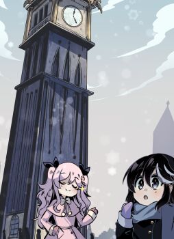 2girls :o absurdres black_coat black_eyes black_hair blue_scarf clock clock_tower closed_eyes closed_mouth coat commentary double-parted_bangs elizabeth_tower english_commentary grey_sky hair_between_eyes highres long_hair long_sleeves mittens multiple_girls open_mouth original outdoors pink_coat pink_hair purple_mittens ryuuxin sadie_(ryuuxin) scarf sky smile snowing tower winter