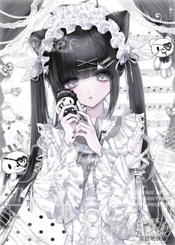1girl absurdres aegyo_sal all-purpose_bunny animal_ears black_hair cameo cat_ears character_doll commission curtains detached_sleeves doll dress gem gloomy_bear hair_ornament hairband highres holding holding_stuffed_toy itazuraguma_no_gloomy lolita_fashion lolita_hairband long_hair long_sleeves looking_at_viewer mihuashi_commission musical_note musical_staff original piano_hair_ornament sheet_music si_bi_kuai_hua_a sidelocks solo stuffed_animal stuffed_rabbit stuffed_toy teddy_bear too_many_watermarks twintails upper_body very_long_hair watermark white_dress white_eyes white_theme wing_hair_ornament