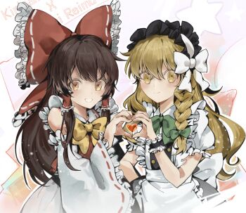 Rule 34 | 2girls, apron, back bow, black dress, black headdress, black wrist cuffs, blonde hair, bow, bowtie, braid, breasts, brown hair, buttons, character name, closed mouth, commentary request, d1nivi, detached sleeves, dress, frilled apron, frilled bow, frilled hair tubes, frilled shirt, frilled sleeves, frilled wrist cuffs, frills, green bow, green bowtie, hair between eyes, hair bow, hair tubes, hakurei reimu, hand on own hip, hand up, heart, heart hands, heart hands duo, highres, kirisame marisa, large breasts, long hair, long sleeves, looking at viewer, maid apron, multiple girls, parted lips, puffy short sleeves, puffy sleeves, red bow, red shirt, ribbon-trimmed sleeves, ribbon trim, shirt, short sleeves, single braid, sleeveless, sleeveless shirt, smile, touhou, upper body, white apron, white shirt, white sleeves, wide sleeves, wrist cuffs, yellow bow, yellow bowtie, yellow eyes