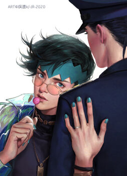 2boys arm_hug black_jacket black_shirt bracelet candy commentary_request earrings eyelashes food glint green_eyes green_nails higashikata_josuke highres holding holding_candy holding_food holding_lollipop jacket jewelry jojo_no_kimyou_na_bouken kdash kishibe_rohan lollipop looking_at_viewer male_focus multiple_boys necklace realistic see-through_clothes see-through_jacket shirt short_hair simple_background white_background yaoi